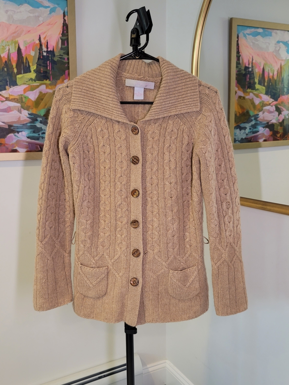 SOPHIA MELANO 100% Cashmere Button Down Sweater Cable Knit Pockets Women's M
